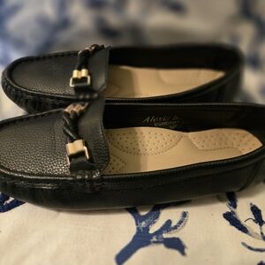 Black Leather Loafers with Gold Accents